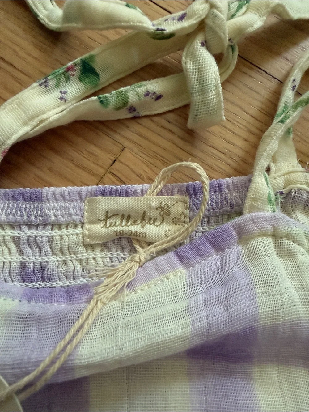 tullabee Lavender Check Sundress with Floral Ties - organic cotton muslin